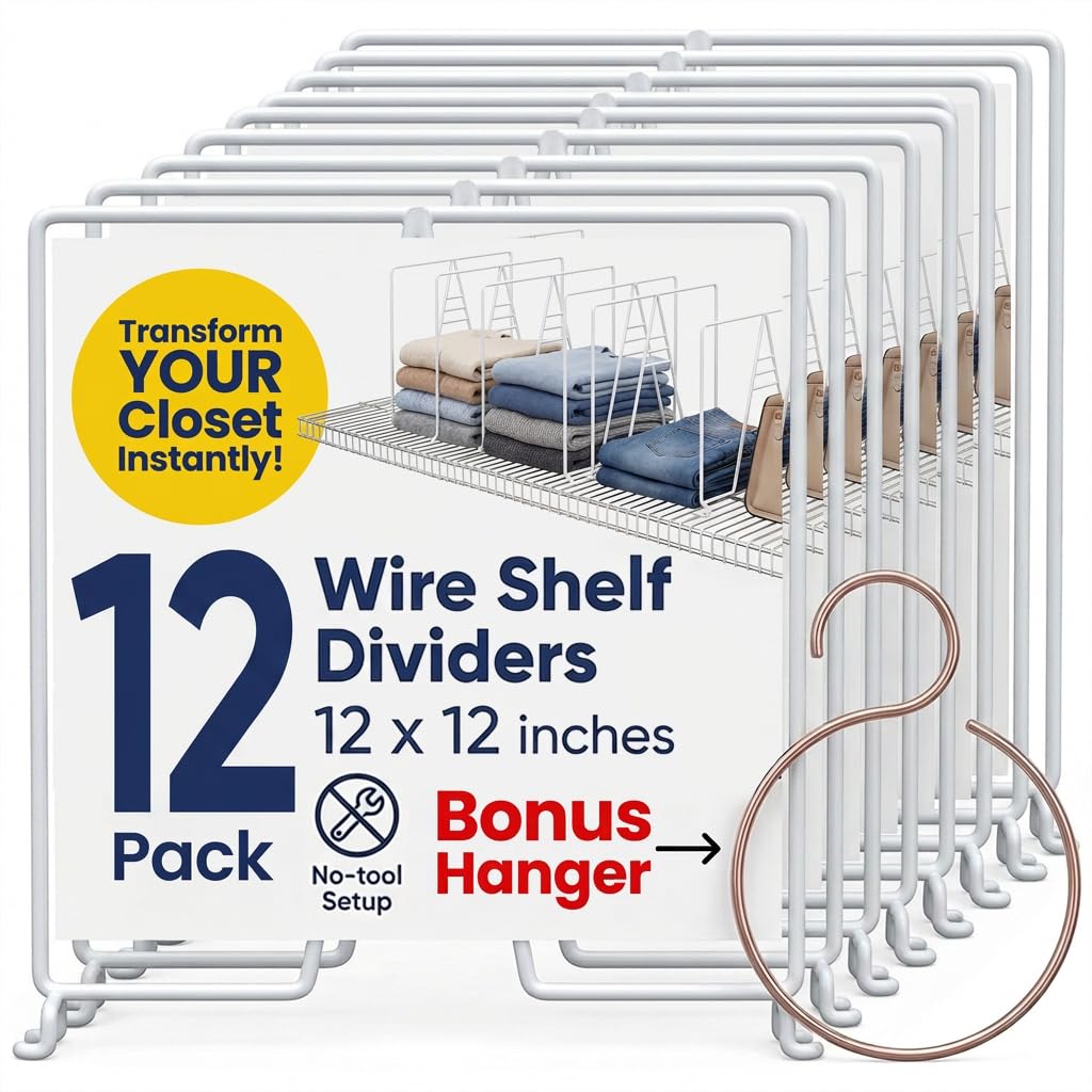 White Wire Shelf Dividers for Closet Organization - 12-Pack - Sturdy and Easy Set-Up Closet Shelf Dividers with Bonus