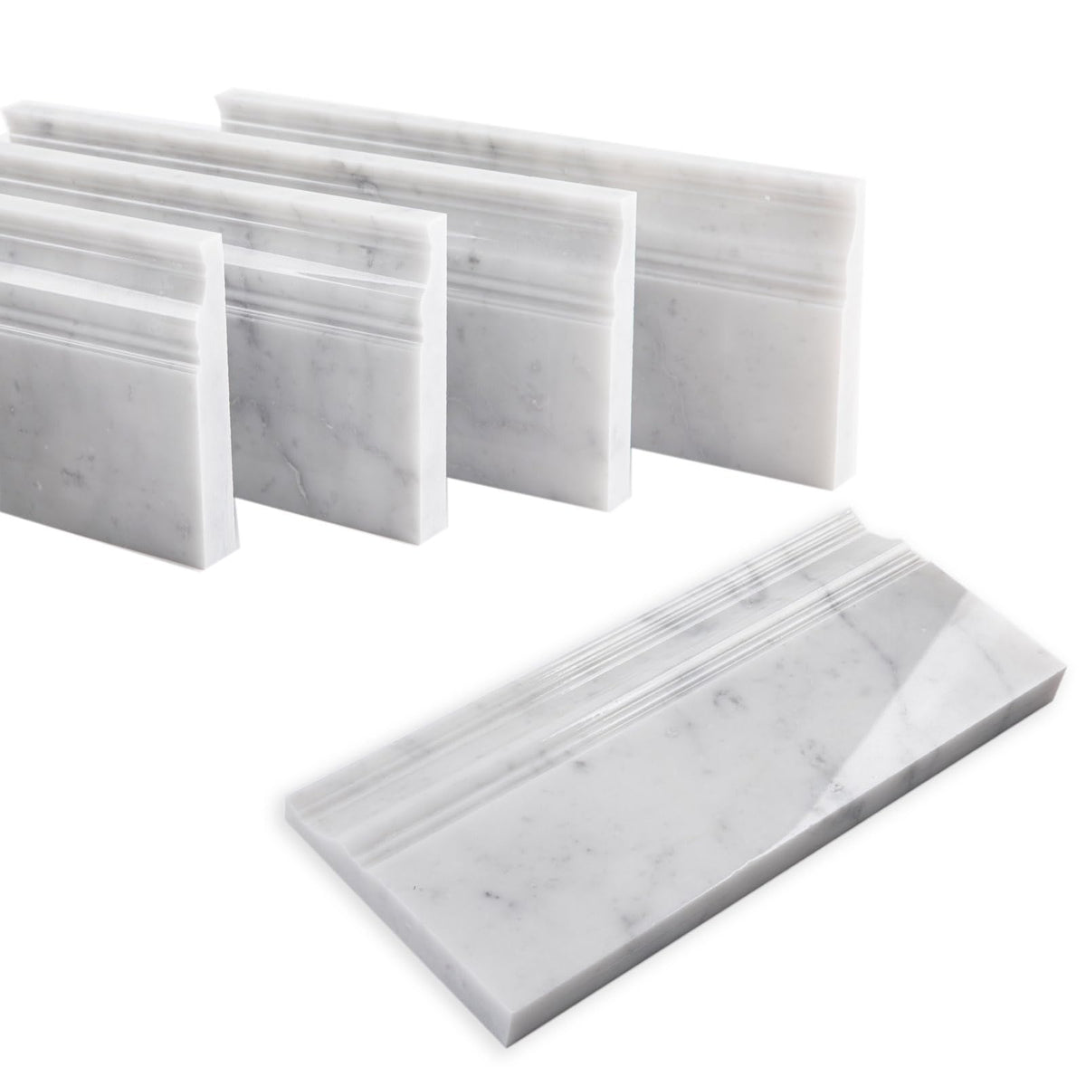4-Pack Carrara White Marble Baseboard Trim Molding, 5 x 12 Inch Crown, Polished, Bianco Italian Carrera Marble