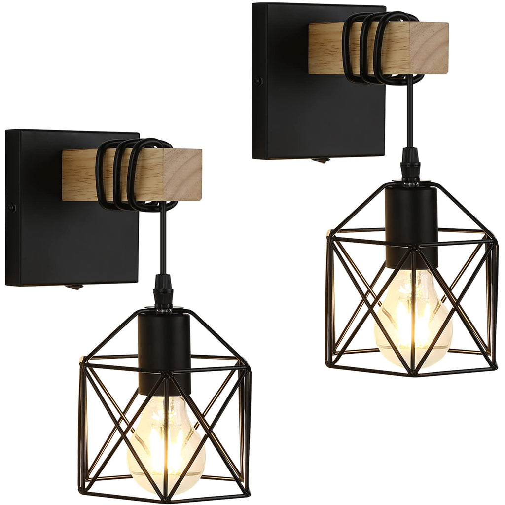 Black Cage Industrial Wall Sconce with ON/Off Switch Set of 2
