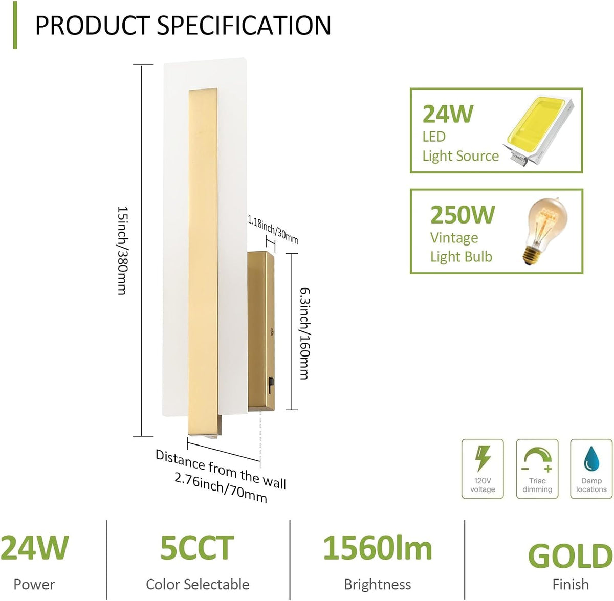 Hardwired Gold Dimmable Modern LED Wall Sconce 2 Packs 3000K 3500K 4000K 5000K 6000K Indoor Wall Lights Up and Down