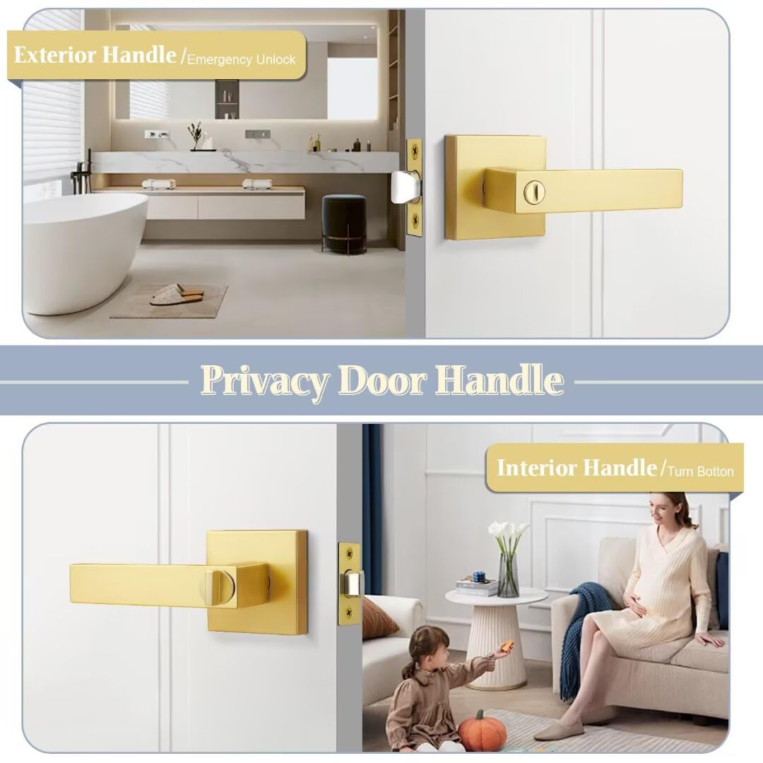 Gold Goor Handles Interior, Brass Privacy Lever Door Handle Keyless, Square Heavy Duty Reversible Interior Door