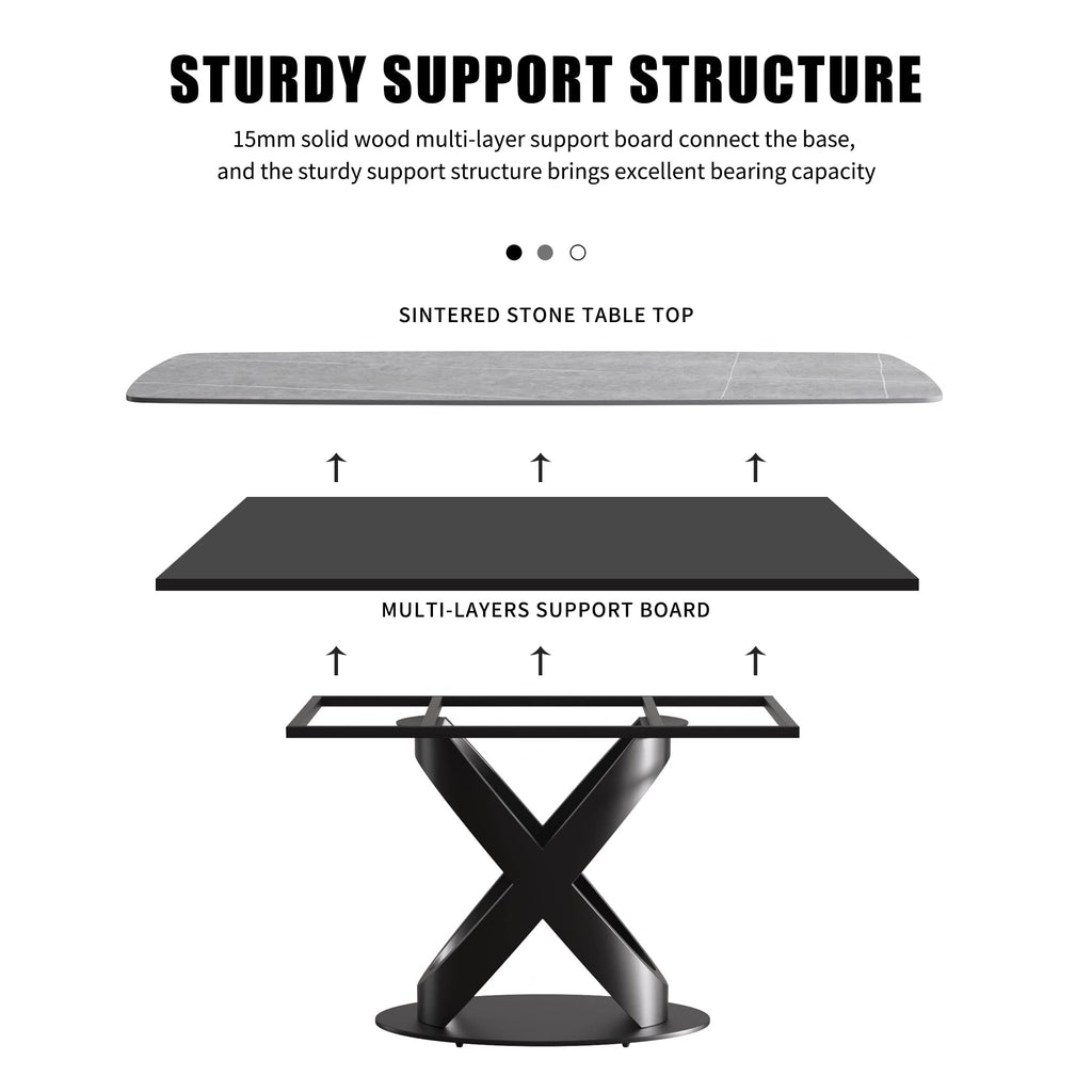 Modern Dining Table, Gray Sintered Stone Tabletop Dining Table with Black X-Shaped Solid Carbon Steel Base, 70.8"