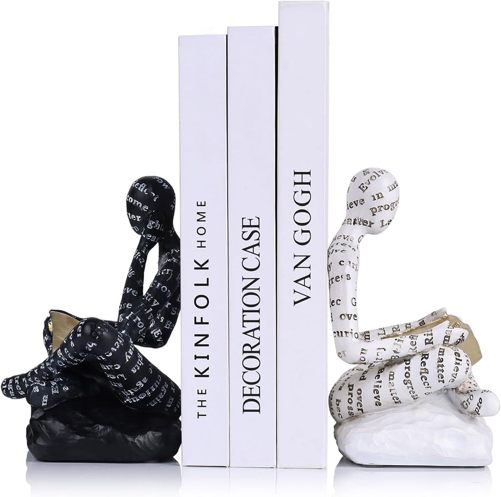 Ends for Heavy Books Set of 2, Modern Abstract Thinker Book Ends for Shelves and Desk - Resin with Non-Slip Pads