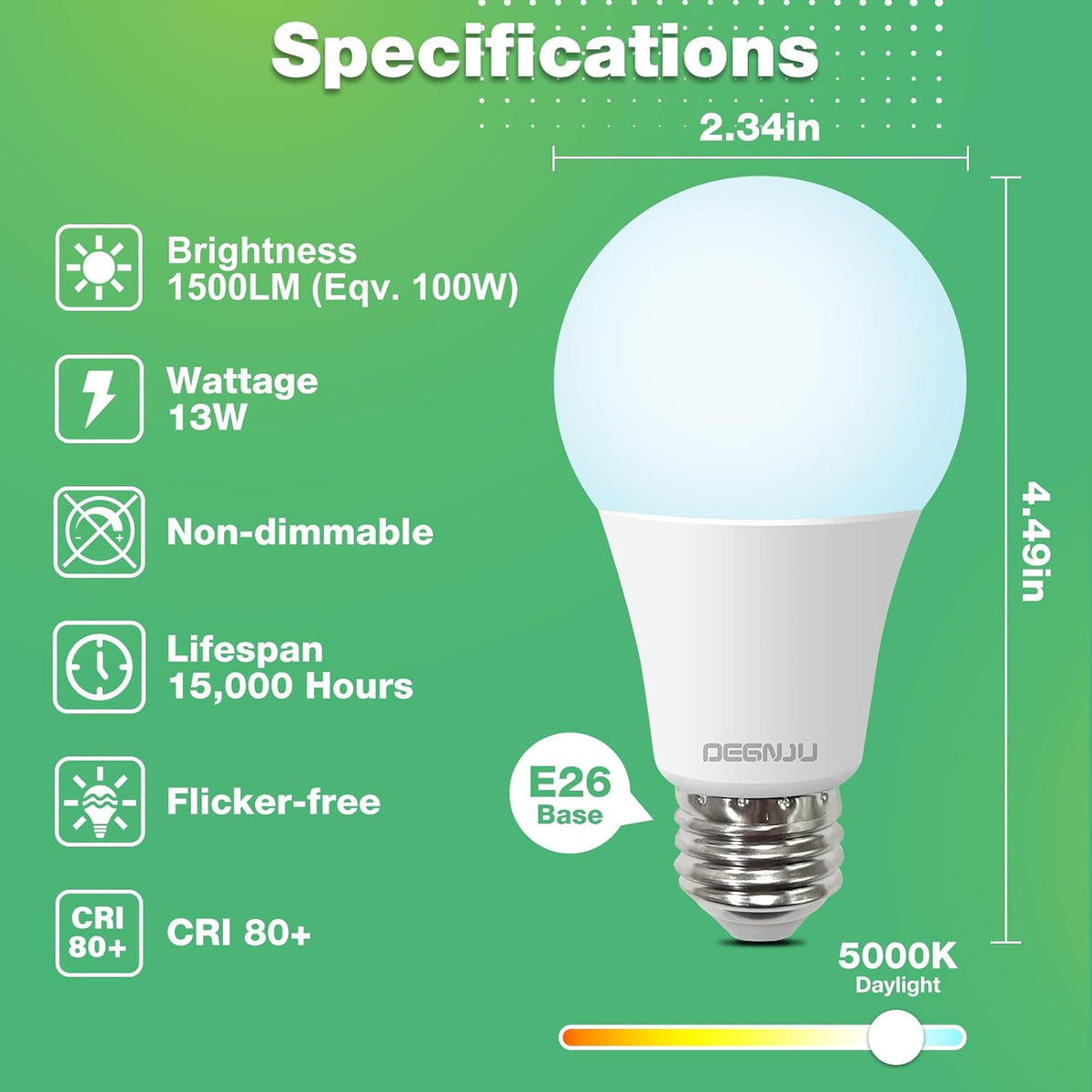LED Light Bulbs Daylight 5000K, 100 Watt Equivalent LED Bulbs, A19 Standard Bulbs, 1500 LM, 15000 Hours, E26 Base