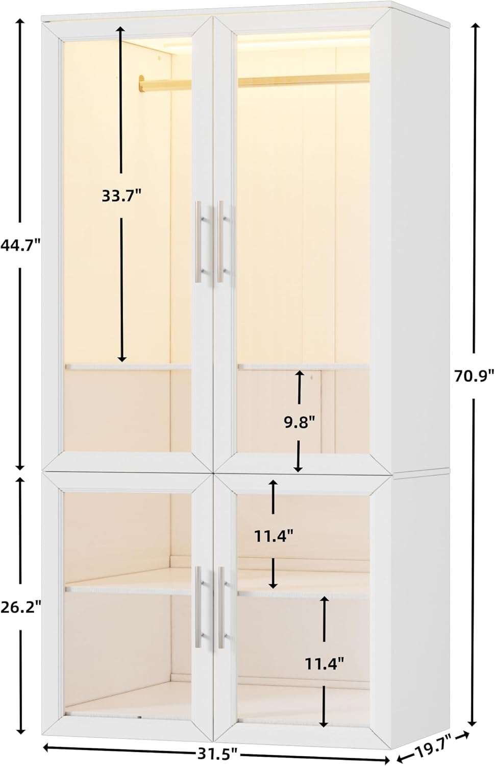 Armoire Wardrobe Closet with Glass Door, Bedroom Closet Wardrobe Cabinet with Hanging Rod, Lighted Freestanding