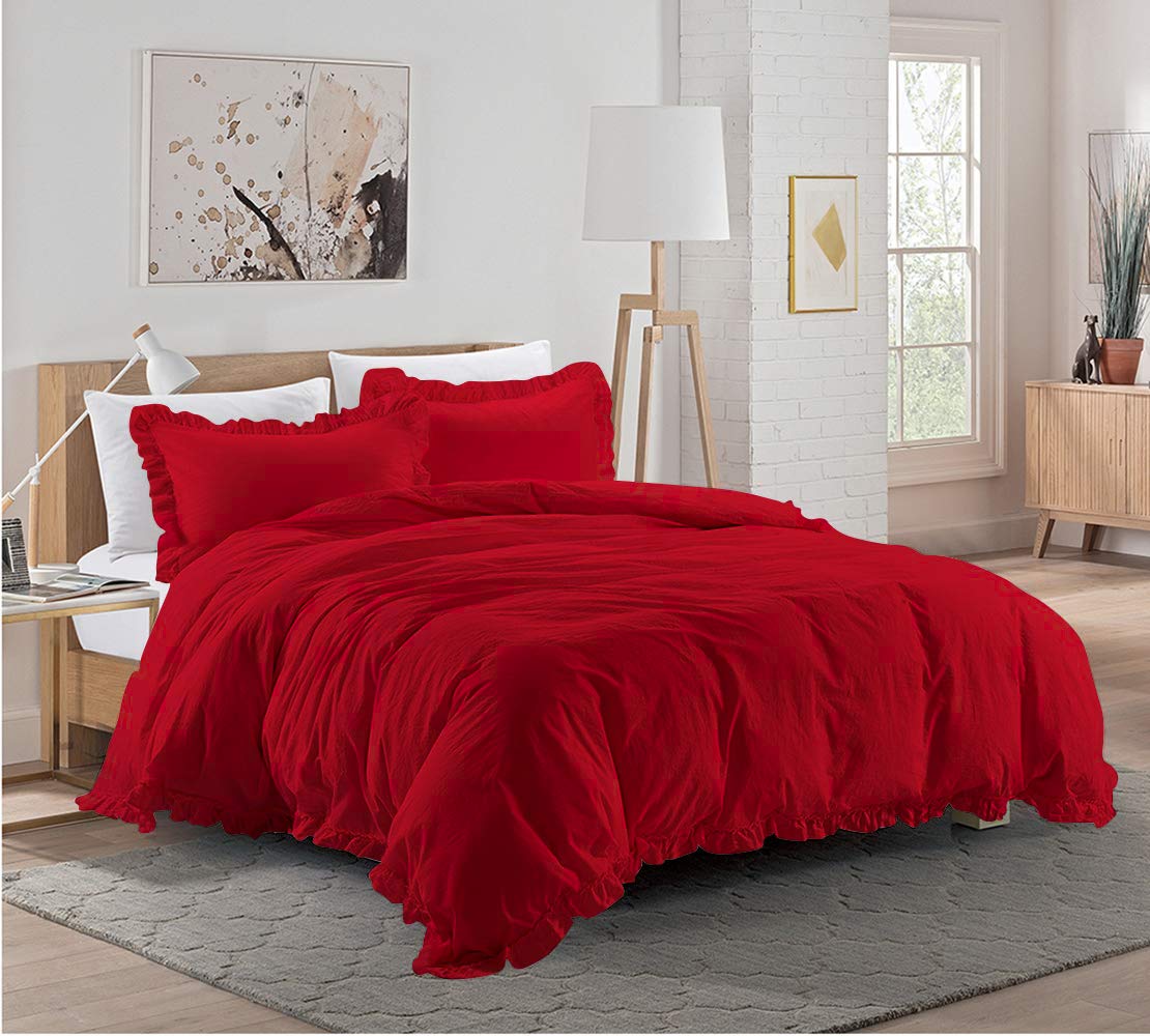 1 Pieces Ruffle Duvet Cover with Zipper Closure, 100% Egyptian Cotton 1000 Thread Count (Full/Queen, Red)