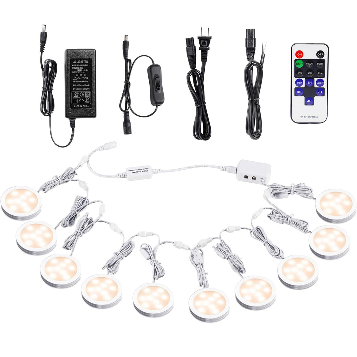 Linkable Under Cabinet LED Lighting 12V Dimmable Puck Lights with Wireless RF Remote Control, Hardwired & Wall Plug
