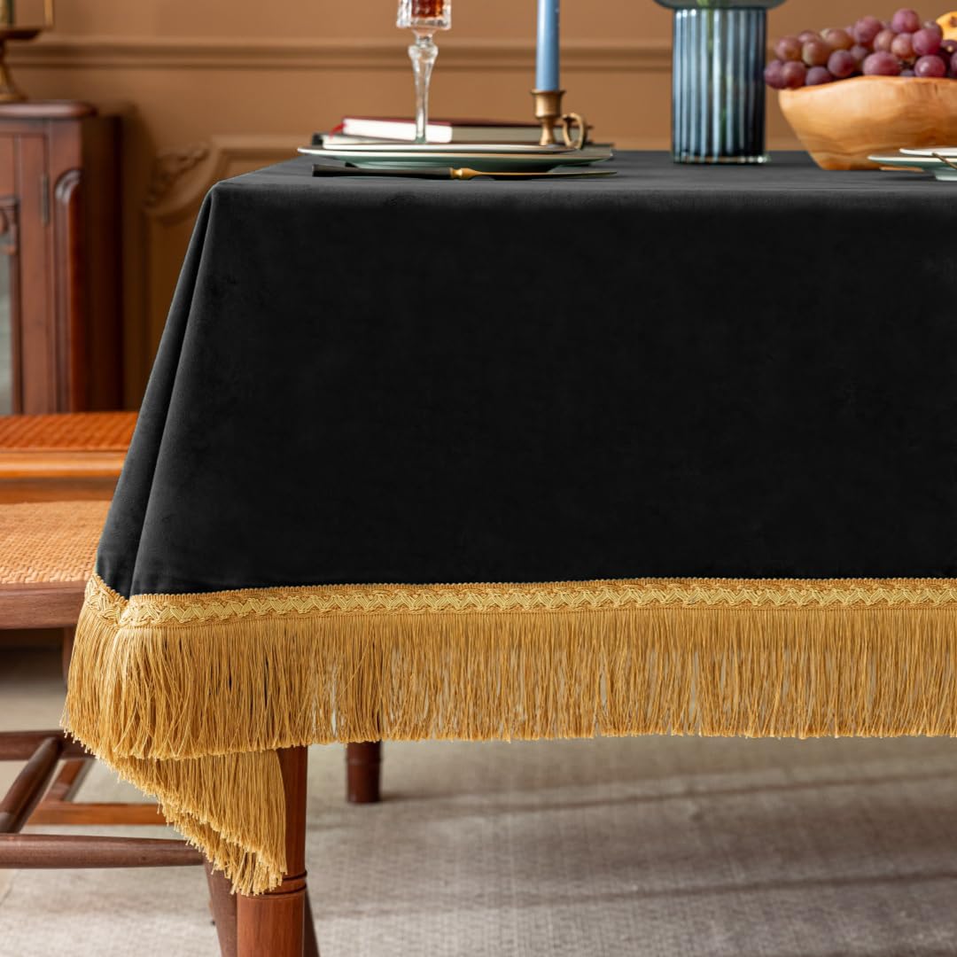 Black Velvet Tablecloth, Vintage Rectangular Table Cover, Luxurious Plush Velvet with Elegant Gold Tassel Trim