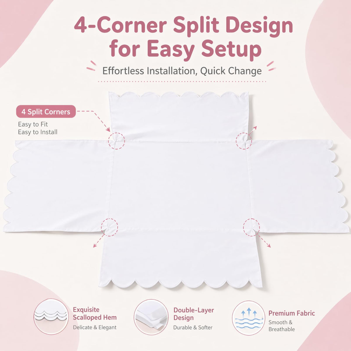 Scalloped Crib Skirt White Cotton for Baby Bed Decor 28"x52" with 14" Drop
