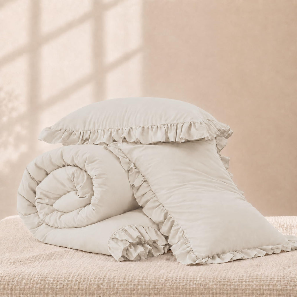 Comforter Set 3 Pieces Beige Ruffle Bedding Set