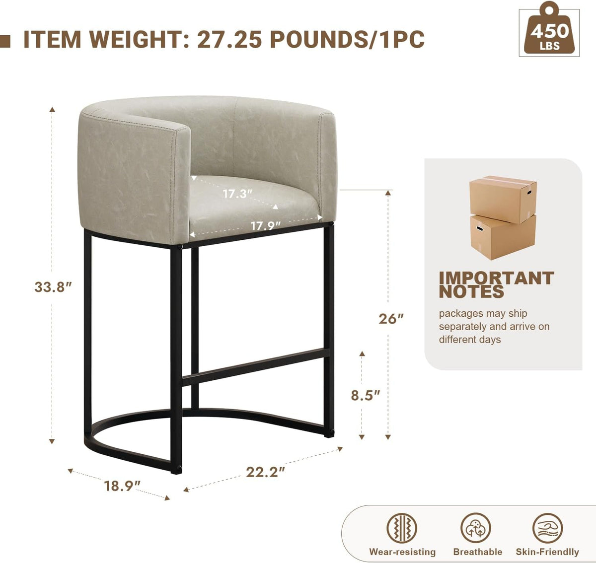 26" H Counter Height Bar Stools Set of 4, Modern Barrel Counter Stools with Backrest and Arms, Faux Leather