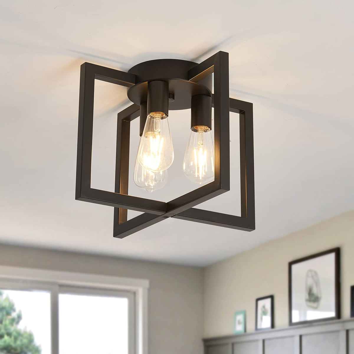 3-Lights Ceiling Light Fixture, Industrial Black Semi Flush Mount Chandelier, Ceiling Lighting Living Room Bedroom