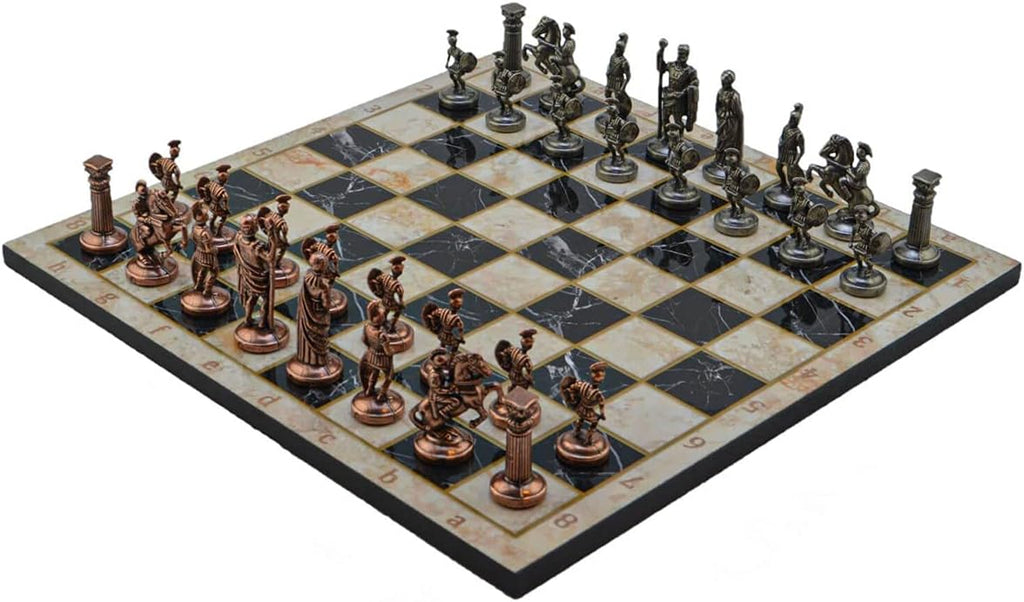 Metal Chess Set for Adults Medium Roman Antique Copper Figures,Handmade Pieces and Different Design Wooden Chess