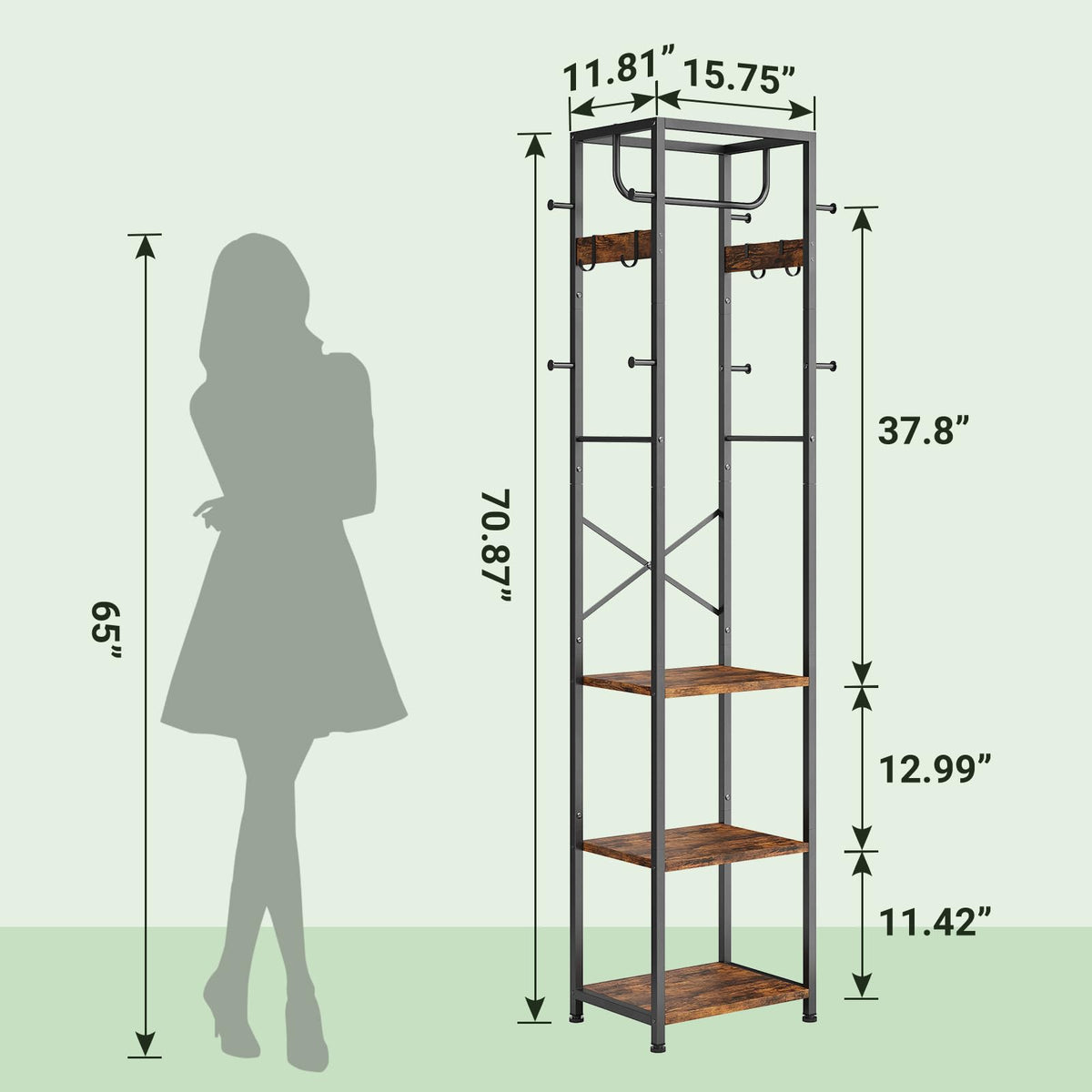 Coat Rack Freestanding, Hall Tree with 3 Shelves and 12 Hooks, Rustic Brown