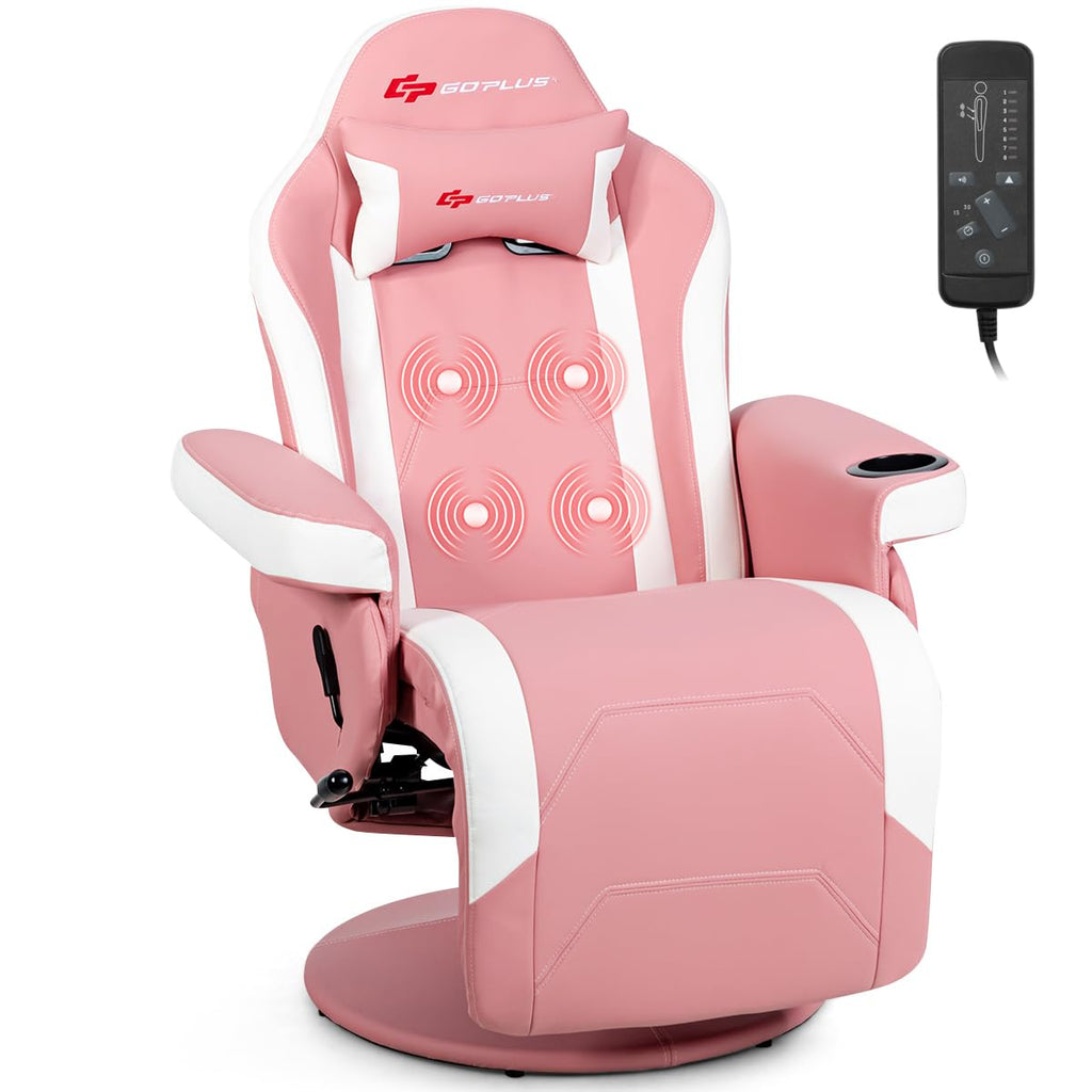 Pink Massage Gaming Chair, Racing Style Gaming Recliner w/Adjustable Backrest and Footrest, Ergonomic High Back PU