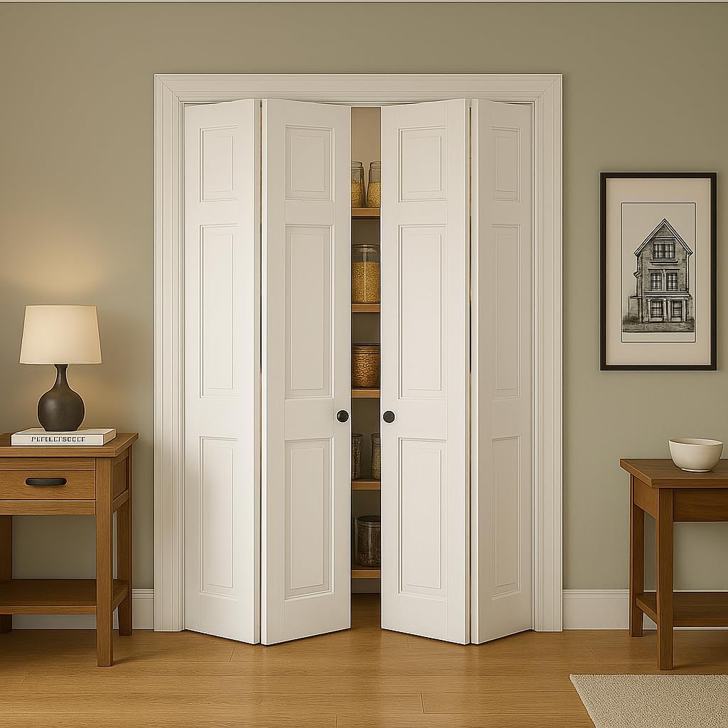 36in x 84in Paneled MDF Bi-Fold Barn Door, Closet Door, Slab Covered with Water-Proof PVC Surface, with Hardware Kits