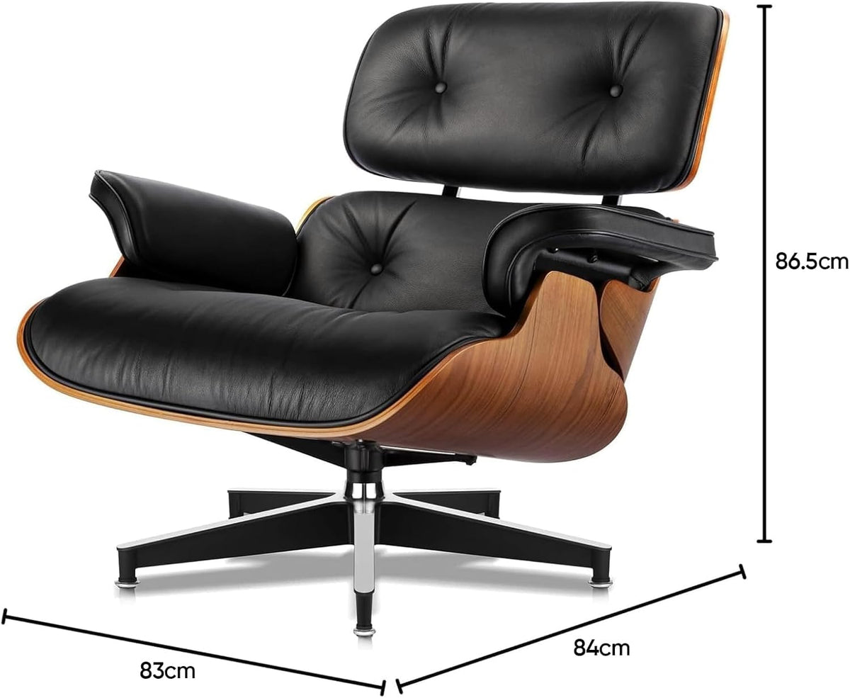 Inspired Eames Style Lounge Chair and Ottoman — Black Bonded Grain Leather, Light Walnut Base, Extended Chaise (59″L)