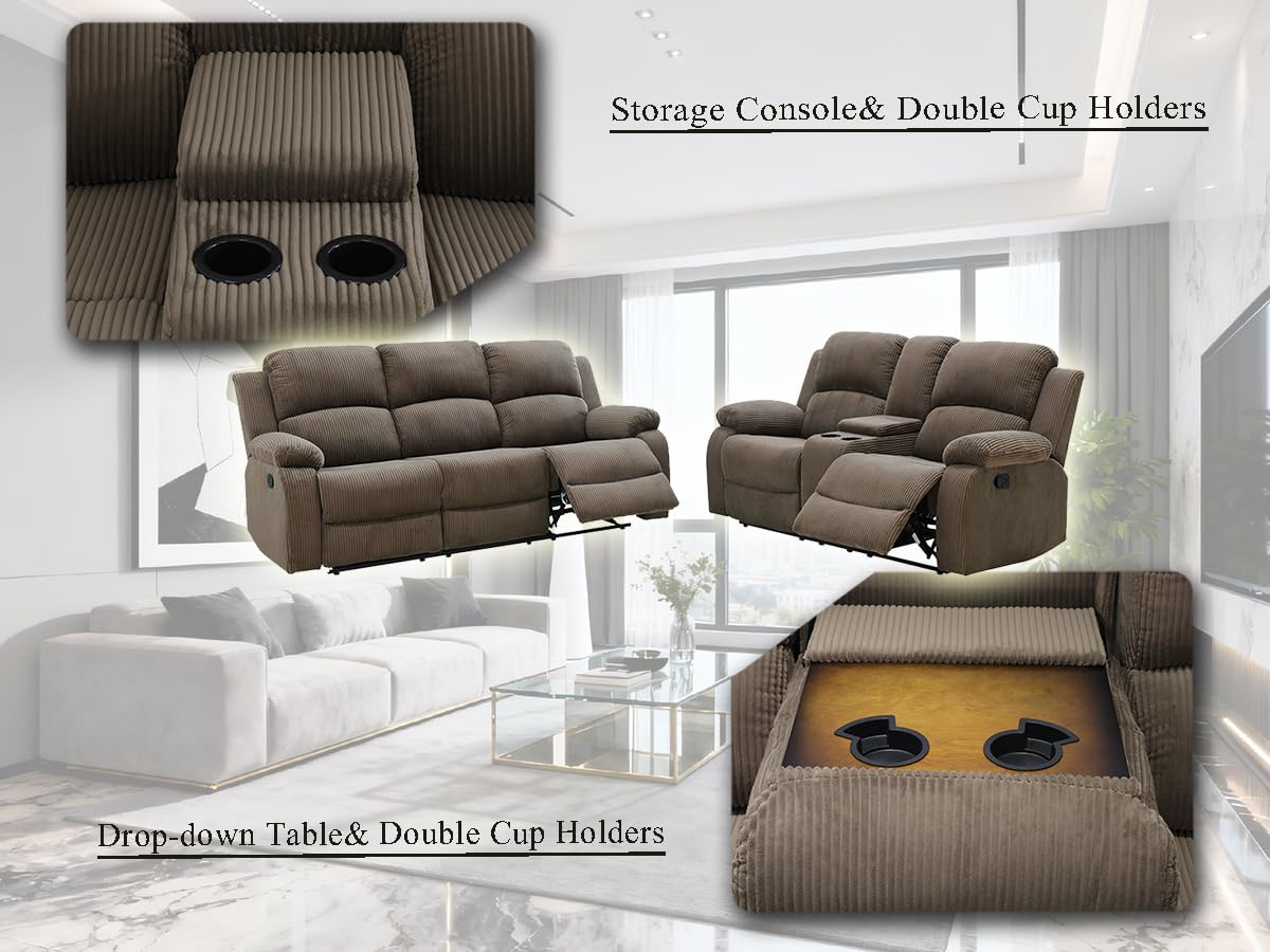 Reclining Sectional Sofa Set with Cup Holders, 2PCS Living Room Furniture Sets, Corduroy Recliner Sectional Sofa Set