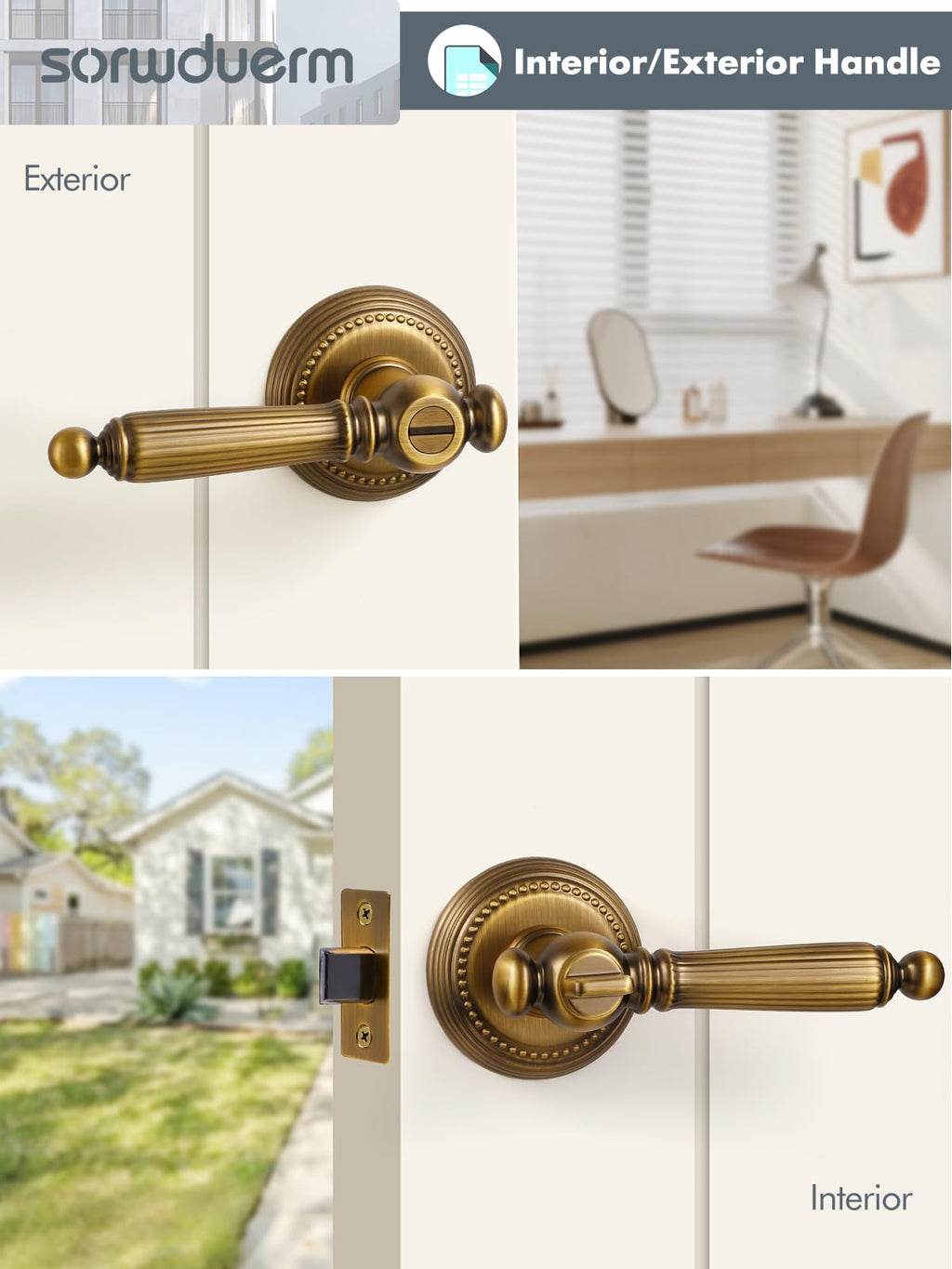 1 Pack Antique Brass Door Lever Privacy Antique Door Handle Door Lever Bedroom and Bathroom Zinc Alloy