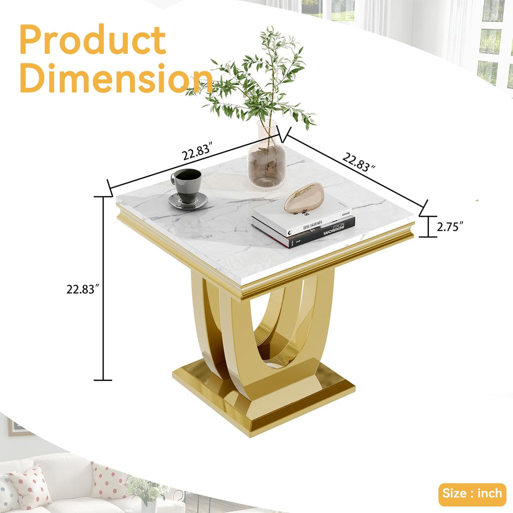 Inspired Saarinen Style Marble Luxury Gold Side Table with Geometric U-Shape Stainless Steel Pedestal Modern Square Sofa Side Table White
