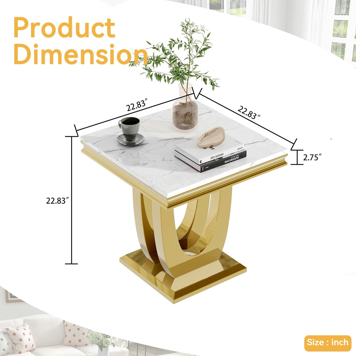 Inspired Saarinen Style Marble Luxury Gold Side Table with Geometric U-Shape Stainless Steel Pedestal Modern Square Sofa Side Table White