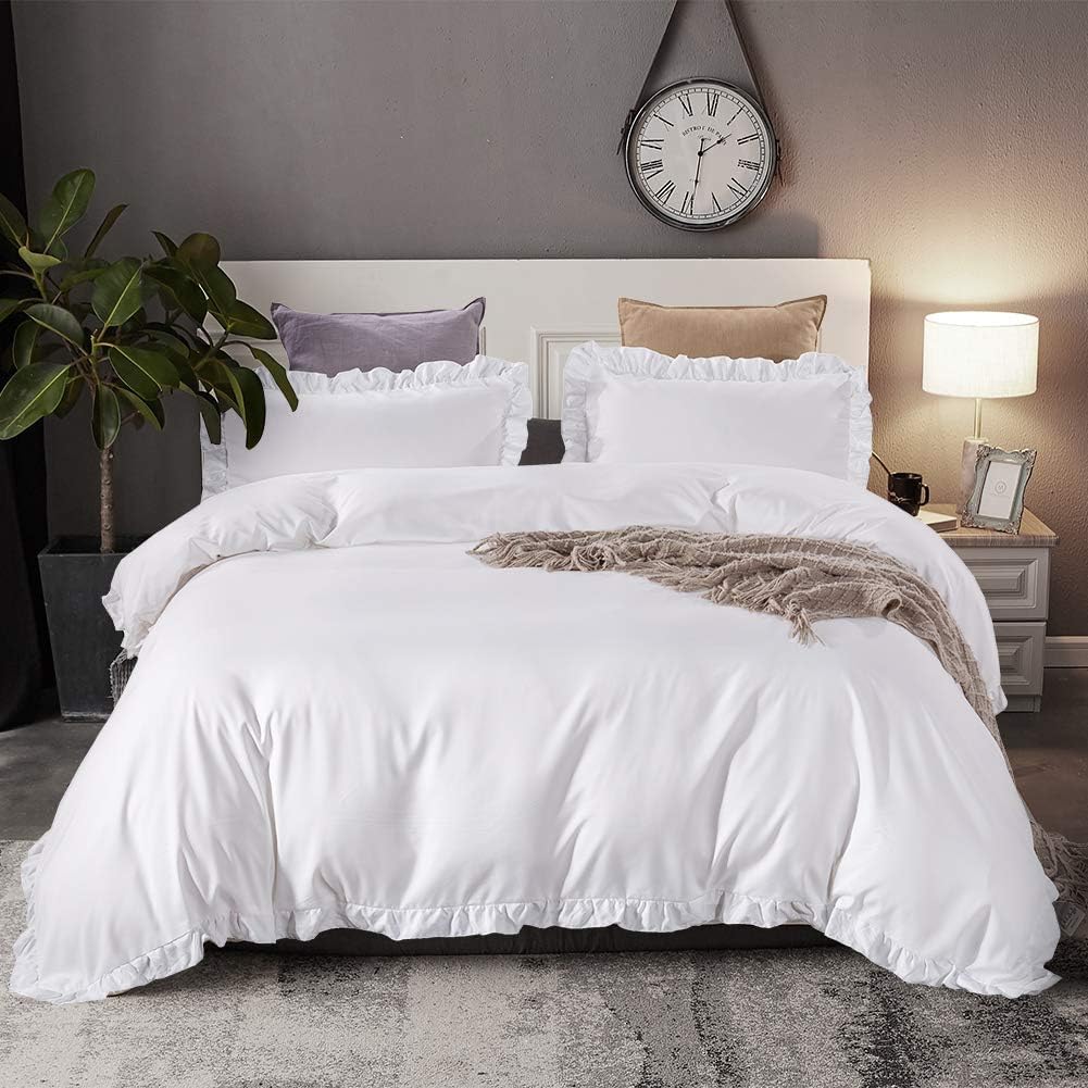 1000-TC Hypoallergenic Ultra Soft Design 100% Egyptian Cotton Ruffle Duvet Cover with Zipper Colser & 2pcs Pillow