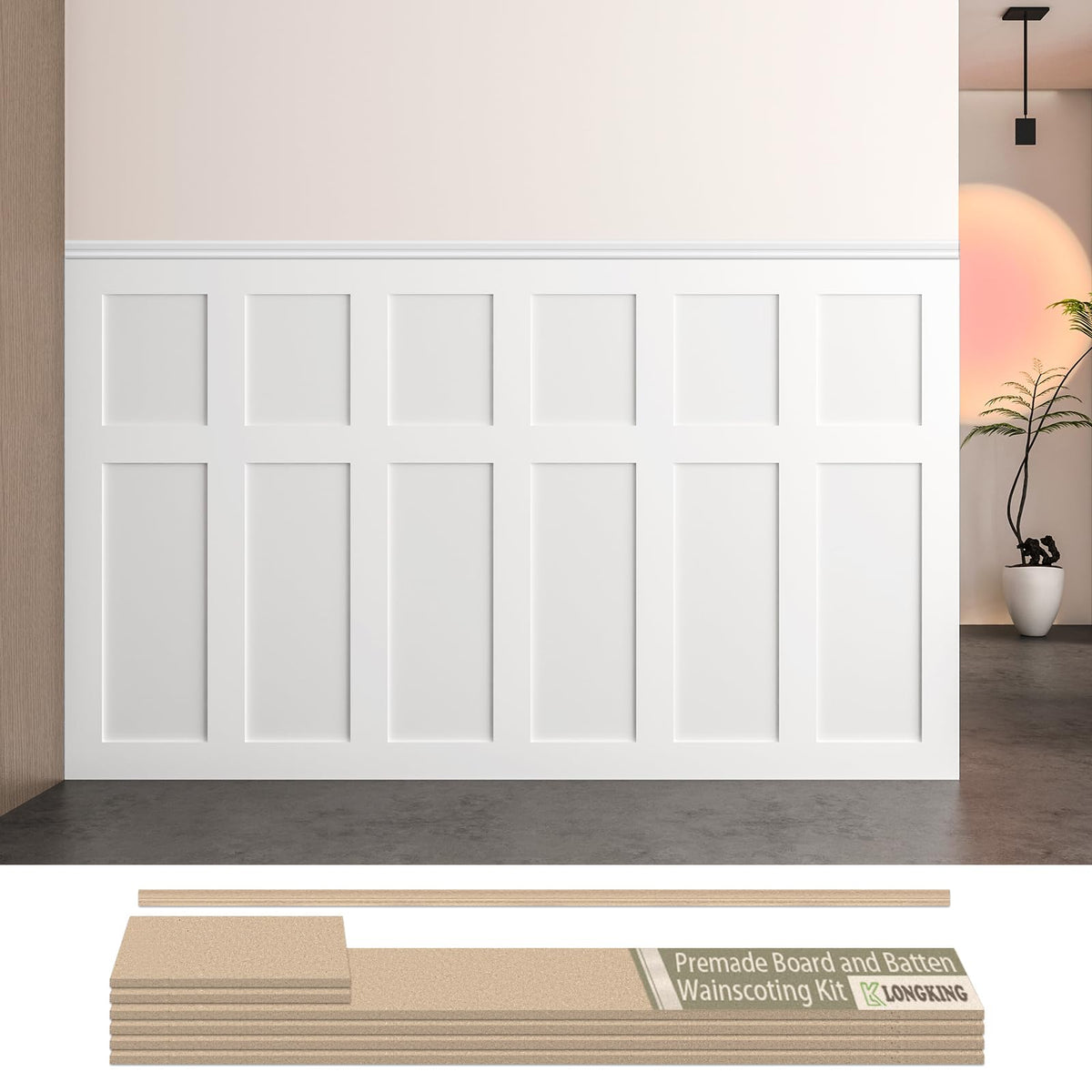 Premade Board and Batten Wainscoting Kit, MDF Paintable Accent Wall Panels with Edge Trim, Pre-Cut Ready to Assemble