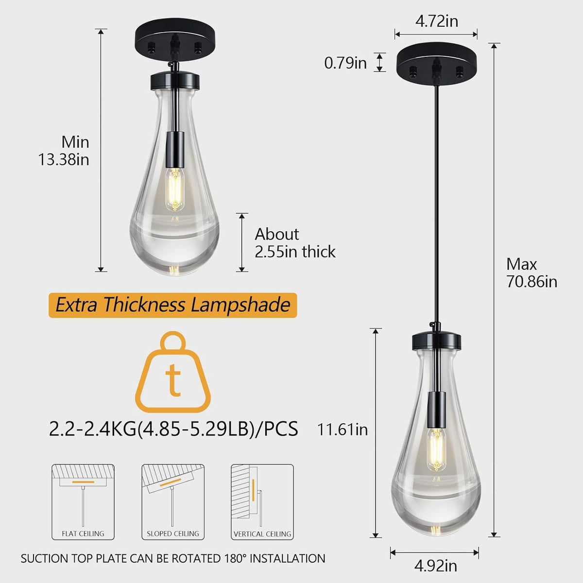 Raindrop Pendant Lights Kitchen Island Teardrop PlatingBlack Hanging Light Fixtures Clear Solid Glass Pendant Light Modern Chandeliers for Dining Room Porch Corridor Living Room(Black 2-Pack)