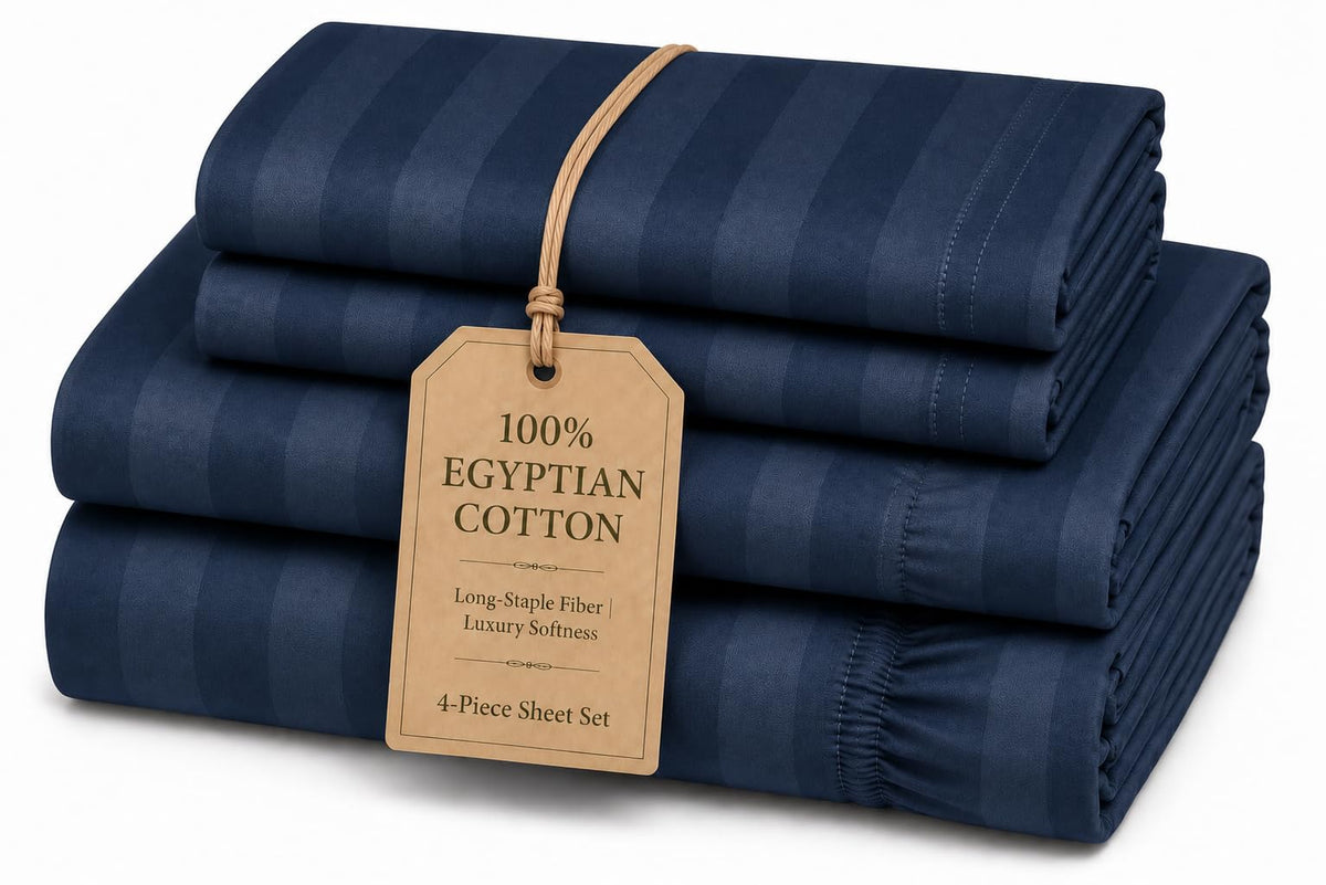 100% Egyptian Cotton, Queen Size 4 Piece Sheets, Navy Blue Damask Stripe