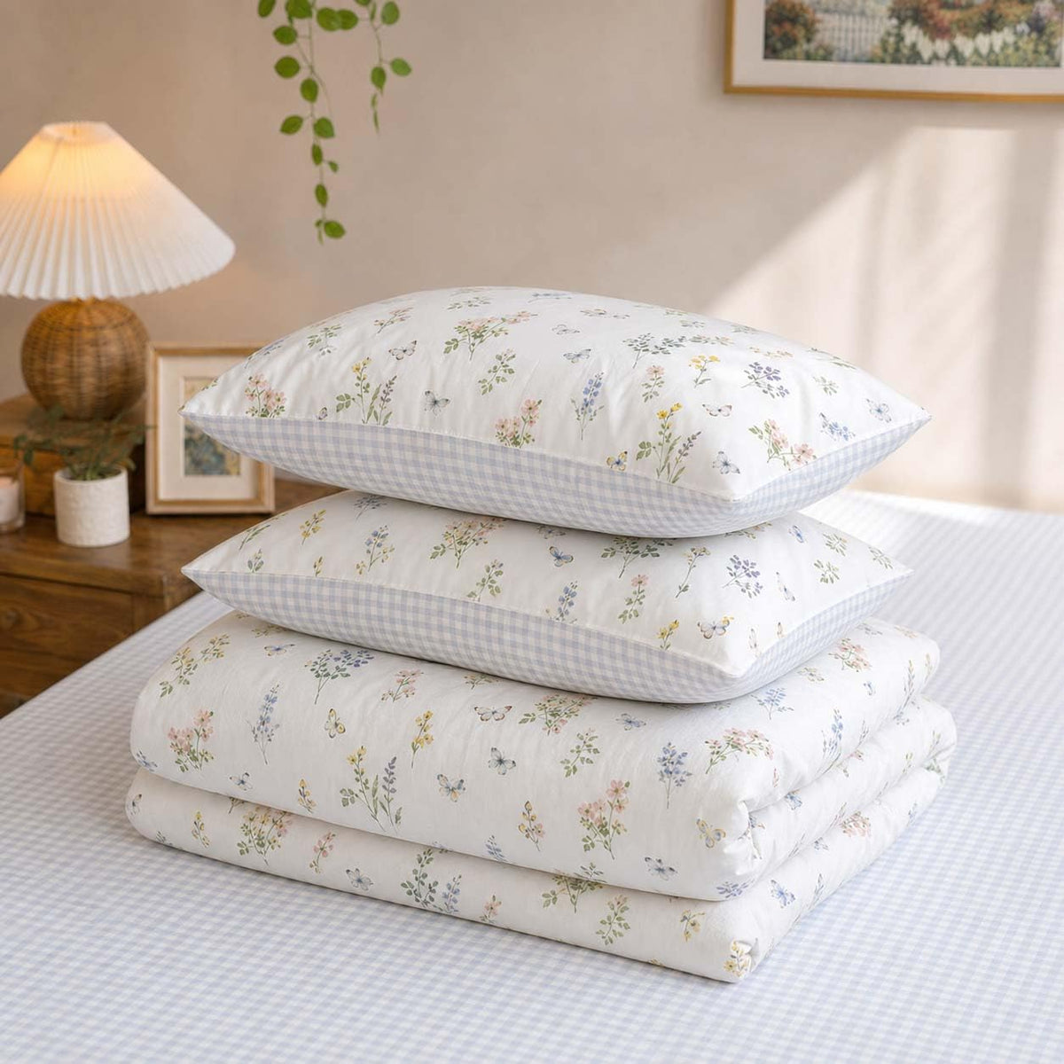 Floral Comforter Set Reversible Blue Gingham Bedding