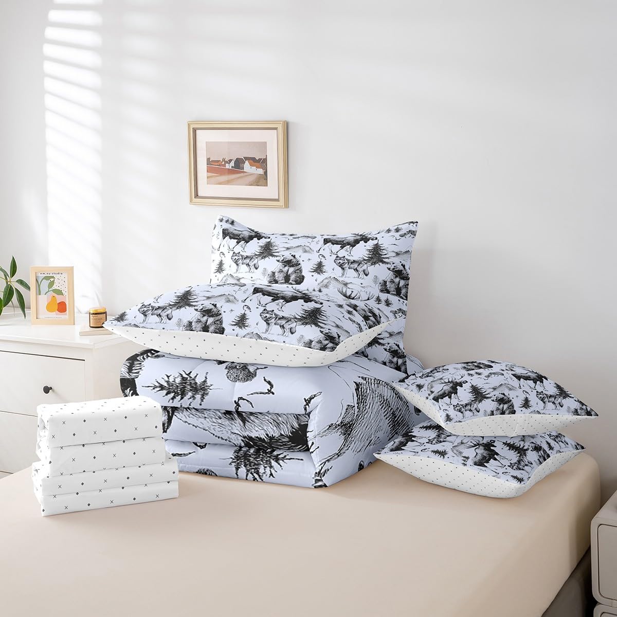 7 Pcs Comforter Set, Rustic Animal Bed in a Bag with Flat