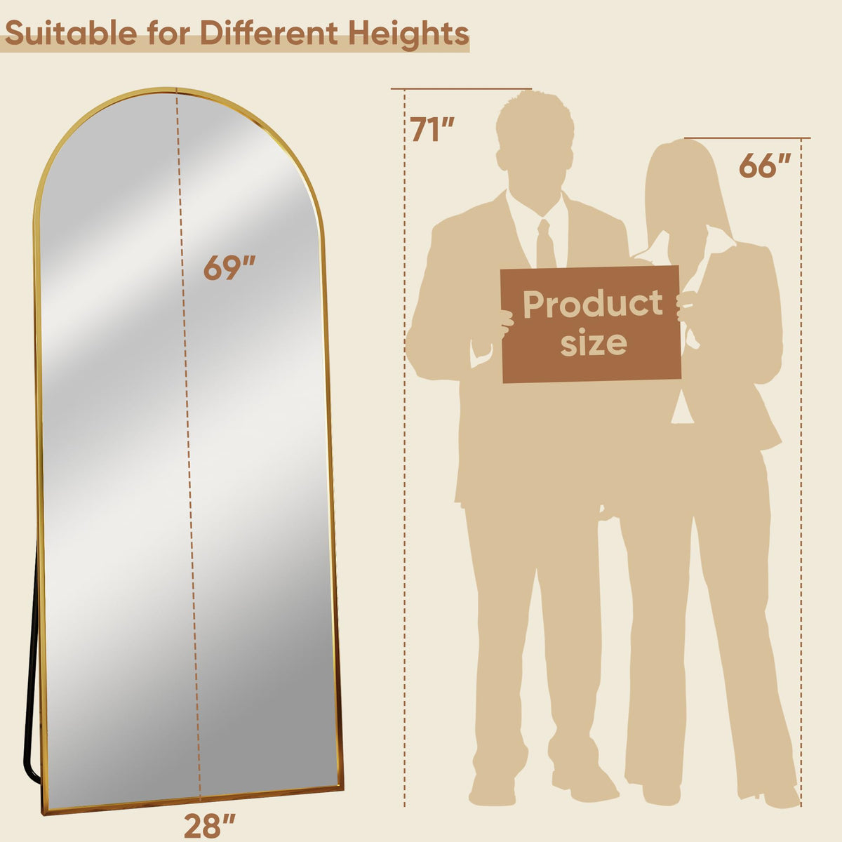 69"x28" Arched Full Length Mirror, Standing Floor Mirror, Gold