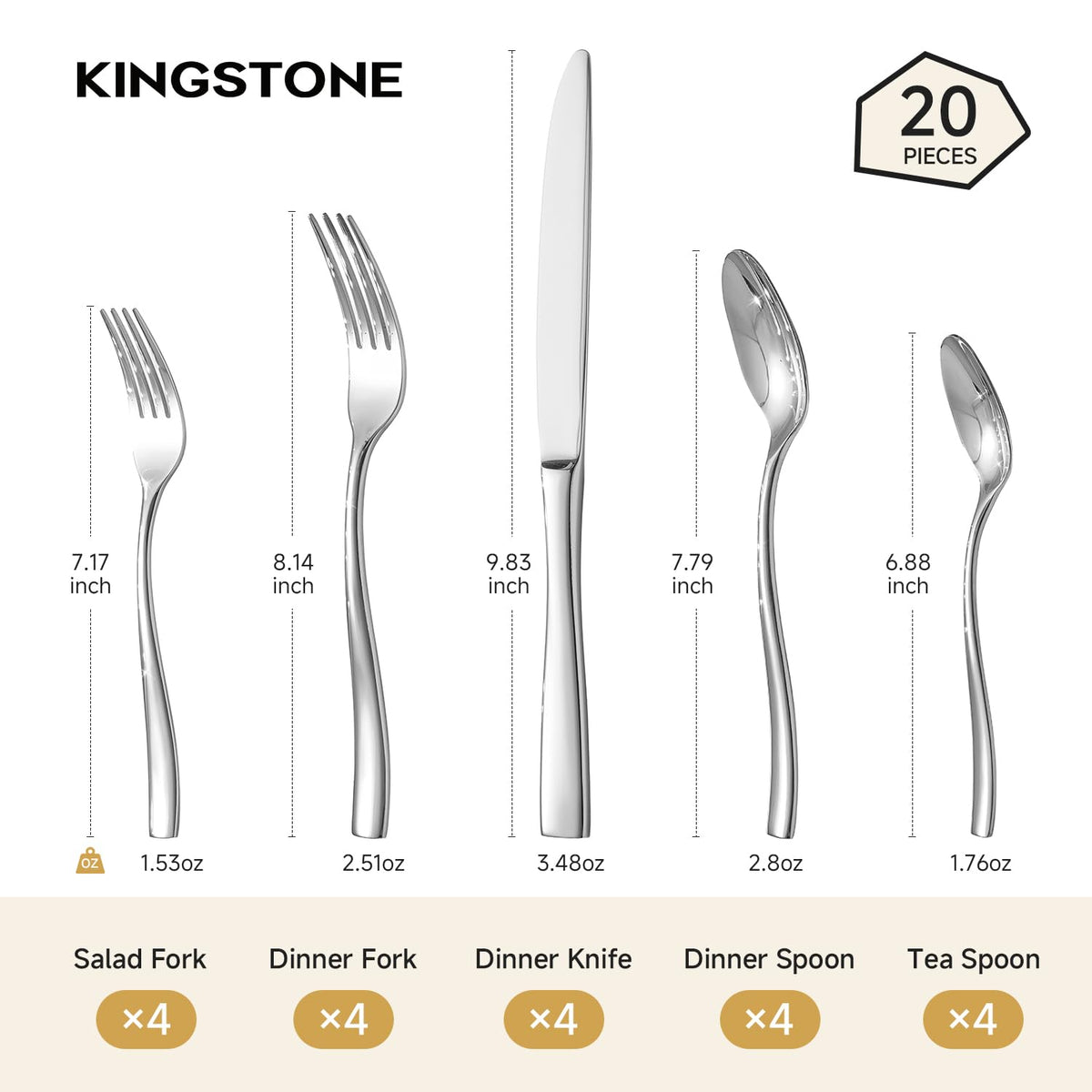 Flatware Set for 4, 20-Piece Stainless Steel Utensil Set with Forks, Knives, Spoons, Dishwasher Safe Silverware Set