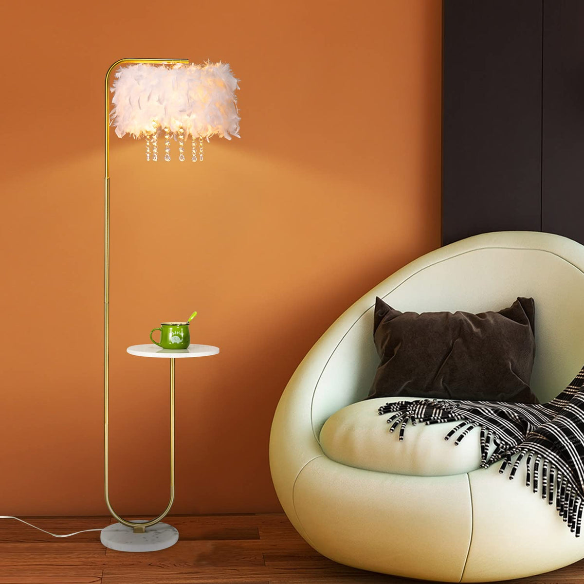 Inspired Arco Style Unique Led White Feather Floor Lamp with Tray, Ostrich Feather Stand Lamp, Living Room Bedroom Office Shop Window