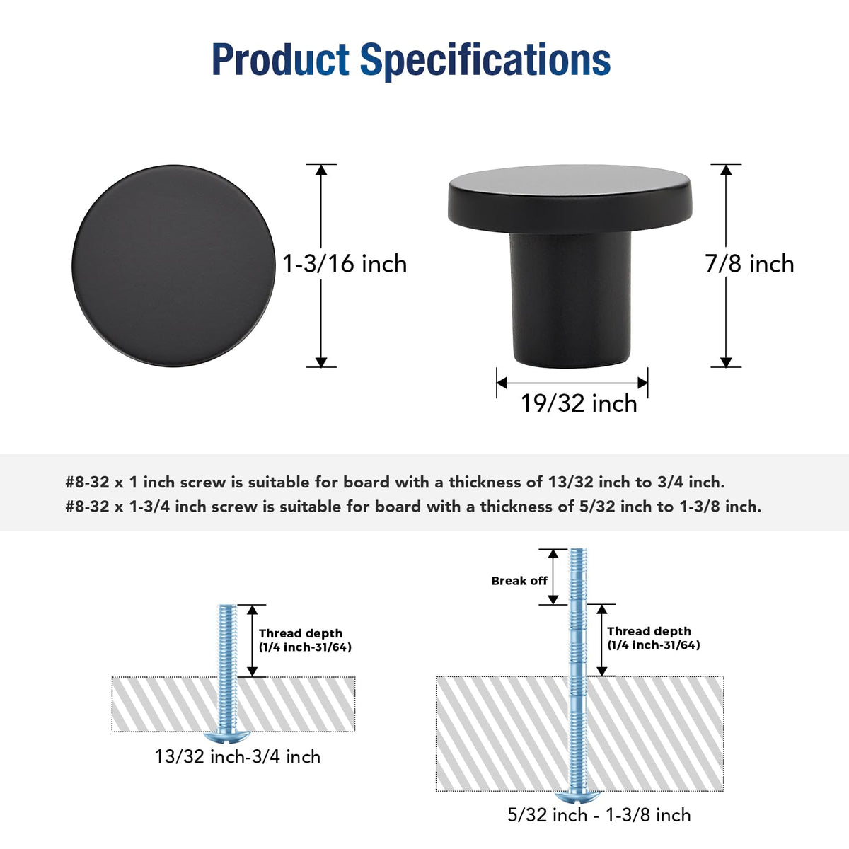 20 Pack Black Cabinet Knobs, Matte Black Drawer Pulls, 1-1/5 Inch