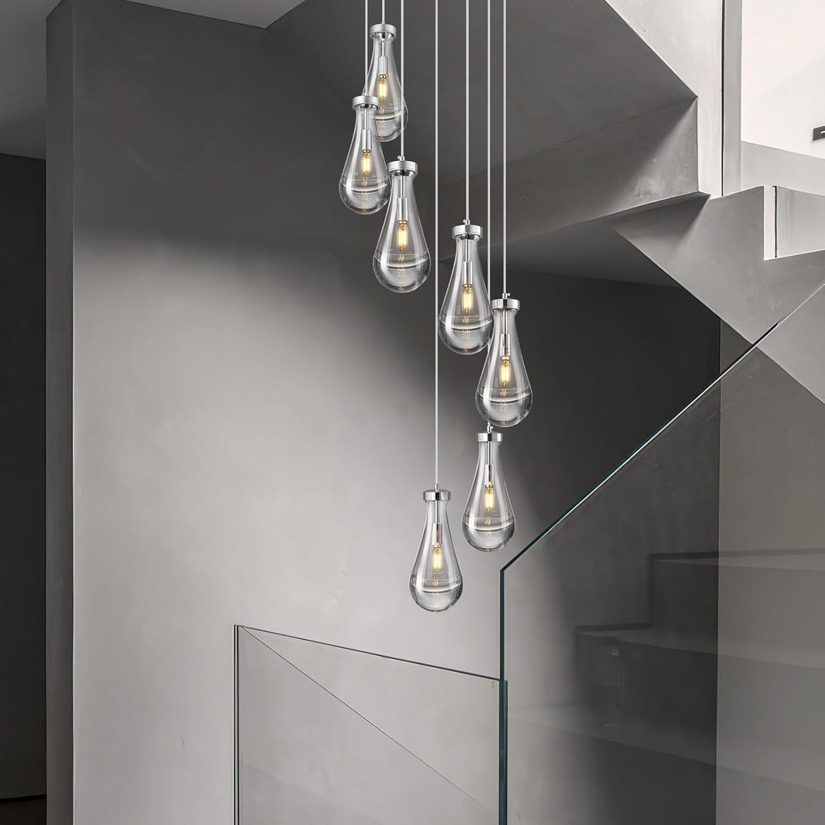 Raindrop Pendant Lights Kitchen Island Teardrop Chrome Hanging Light Fixtures Clear Solid Glass Pendant Light Modern Chandeliers for Dining Room Porch Corridor Living Room (7-Light)