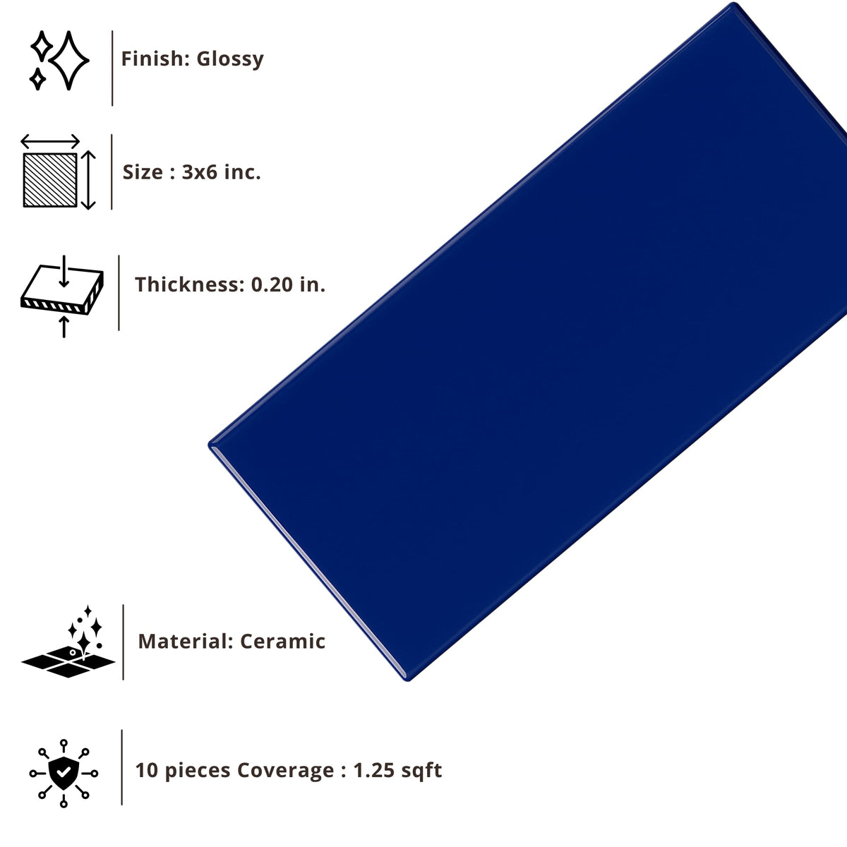 3x6 Ceramic Subway Tile Gloss (Shinny) Box of 10 Pieces Wall Shower Kitchen Backsplash (Cobalt Blue)