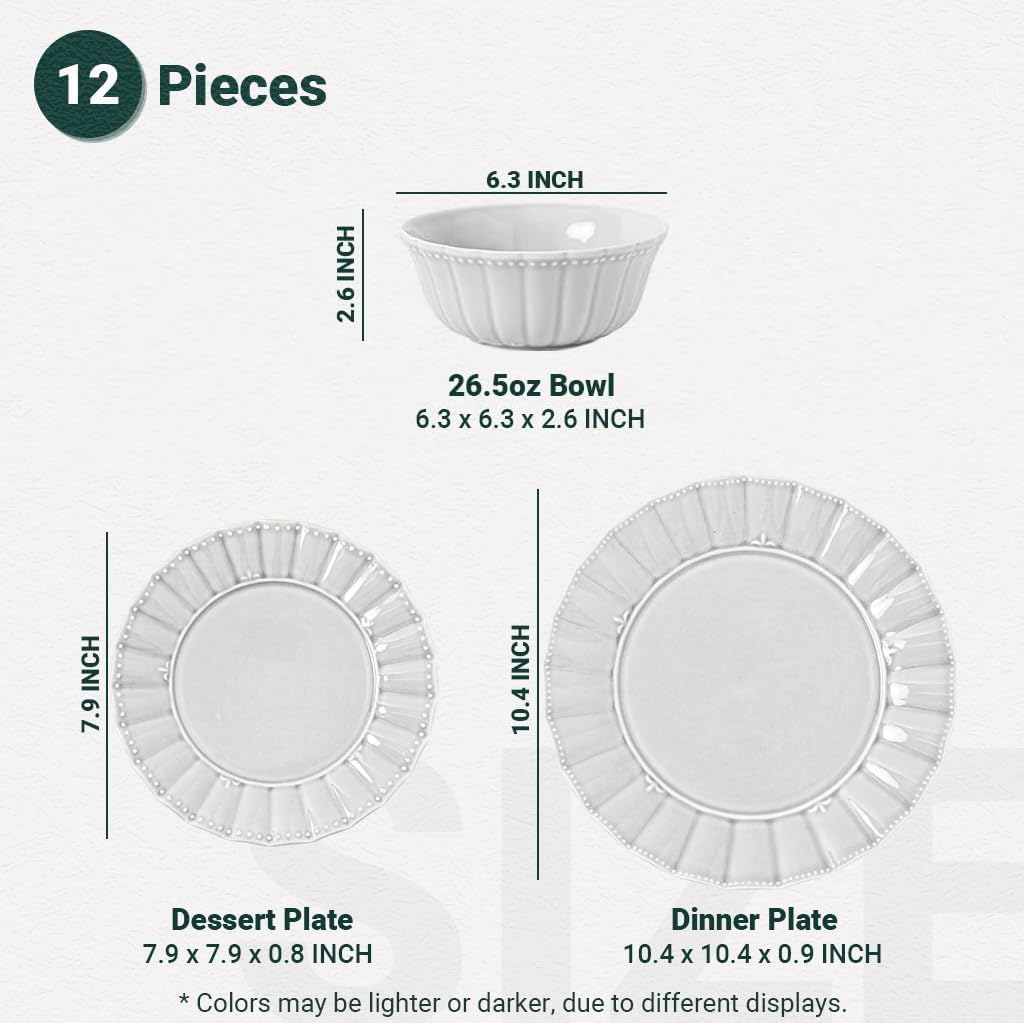 Dinnerware set, 12 Piece plates and bowls sets for 4, Ceramic Modern dish set for party, Porcelain dish set, House
