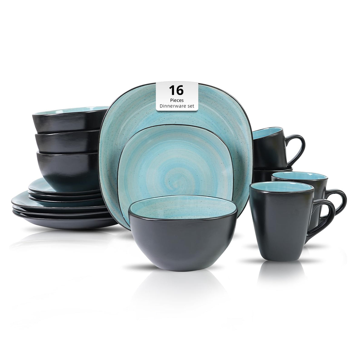 Stoneware Square 16pc Dinnerware Set, Inside Spinwaseh Swirl Turquoise + Outside Black