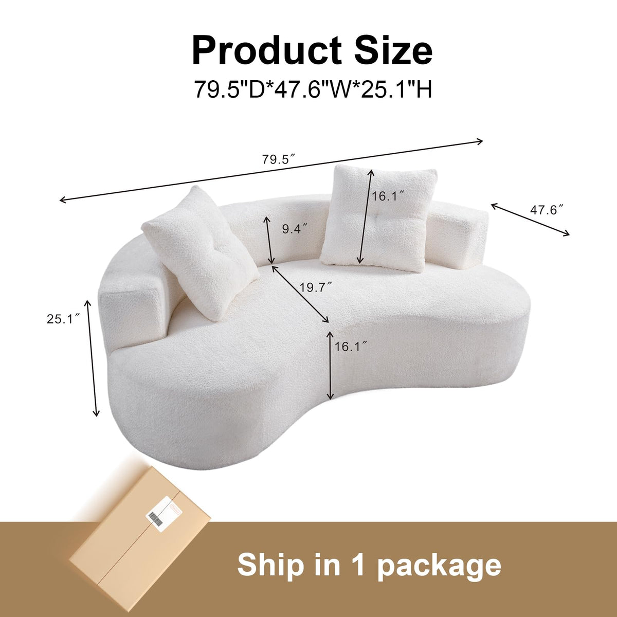 Boucle Curved 79.5" with 2 Pillows, 3-Seater White Couch
