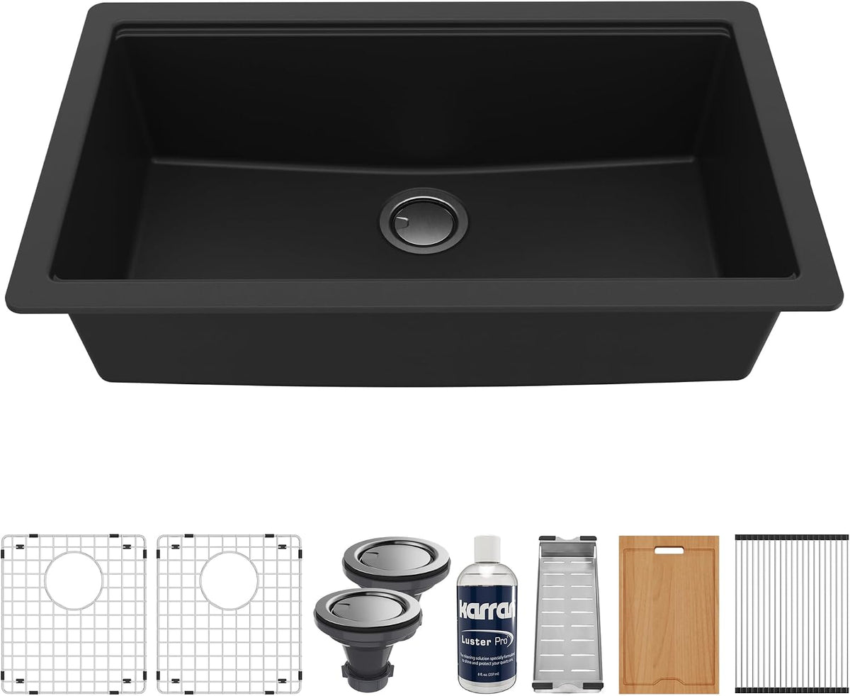 33" Undermount Quartz Composite Workstation Sink, Black | Black workstation sink includes cutting board, colander