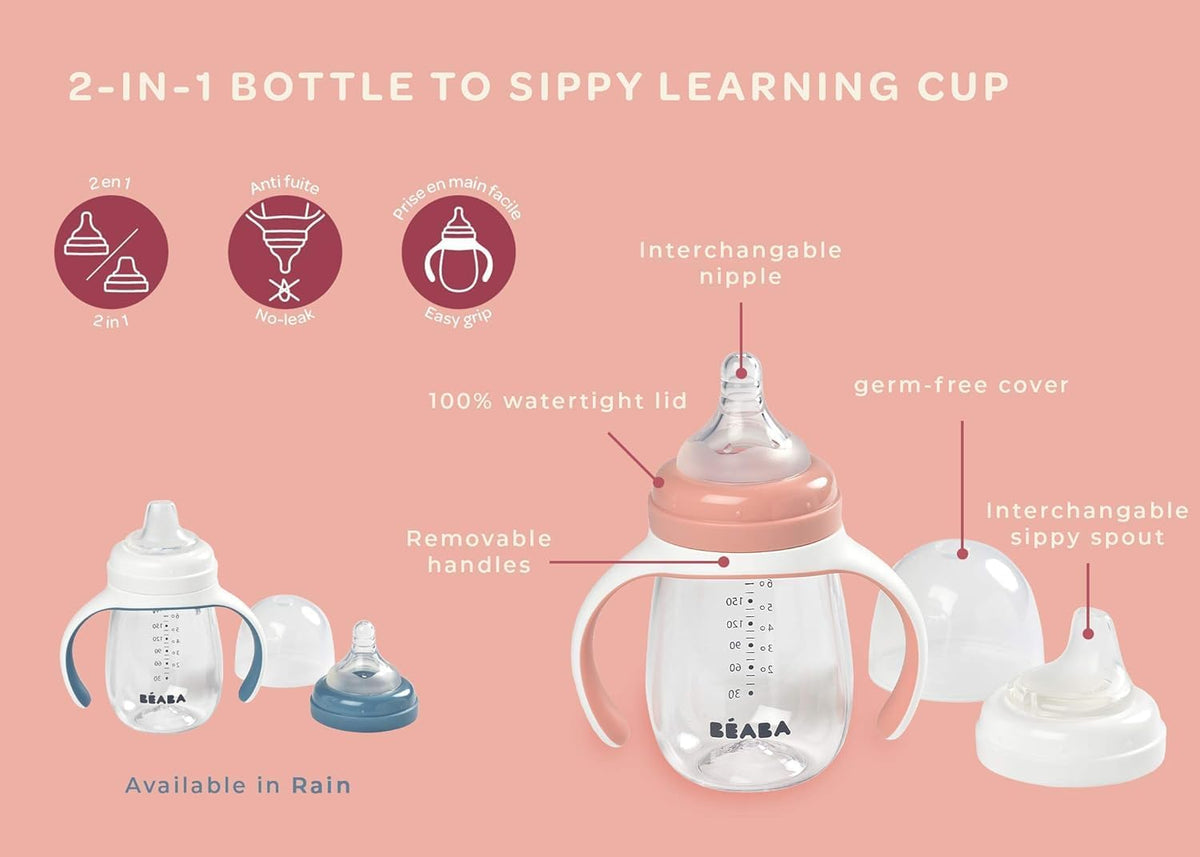 2-in-1 Baby Bottle to Transition Sippy Cup, No Spill Sippy Cup, Includes Removable Handles, Silicone Baby Bottle