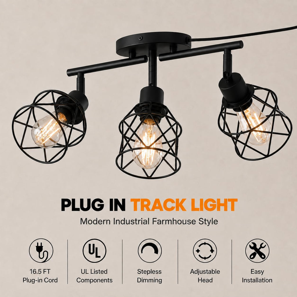 Dimmable Plug in Ceiling Light,Plug in Track Lighting,3 Light Black Industrial Farmhouse Ceiling Light with 16.5'