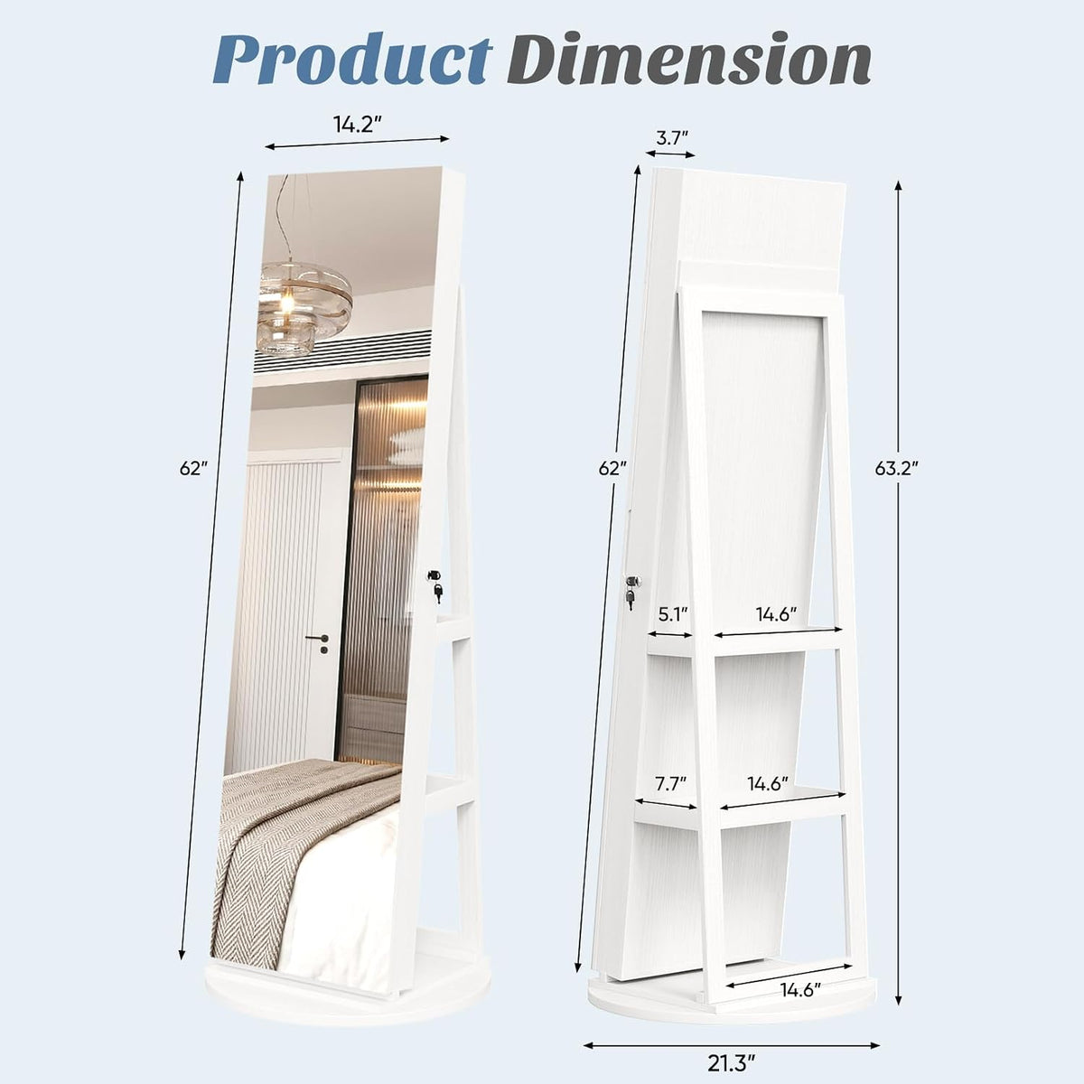 360° Rotating Jewelry Armoire with Full-Length Mirror & LED, Lockable Standing Organizer, Secure Storage