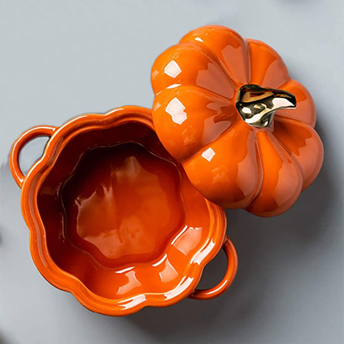Pumpkin Bowl Set with Lid and Handle, Set of 4 Ceramic Ramekins for Baking, Casserole Dish Individual Severing Pot