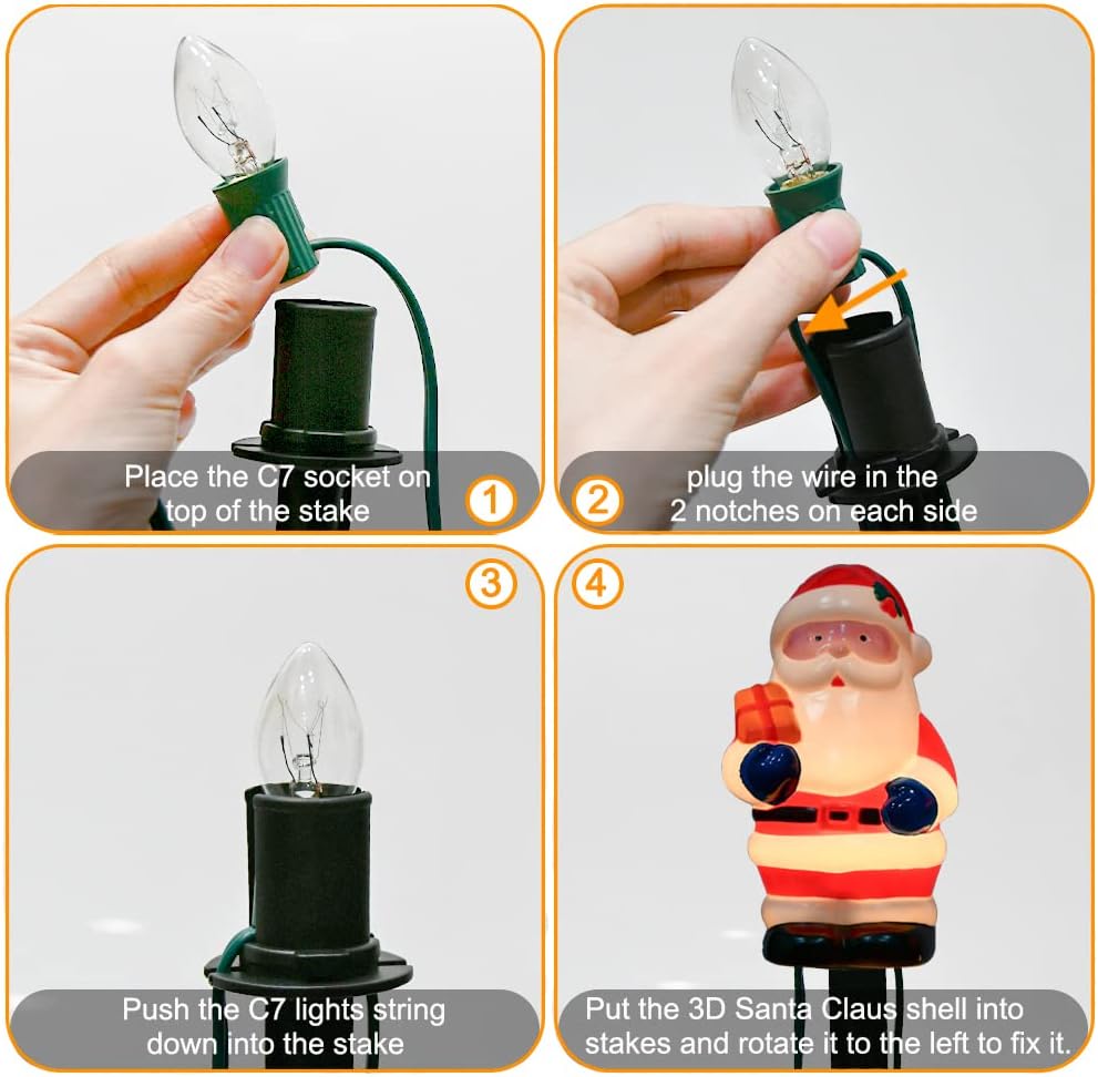 2 Sets Santa Christmas Pathway Lights, 7Ft C7 Outdoor Christmas String Lights with 8 Santa Claus Marker Stakes Light