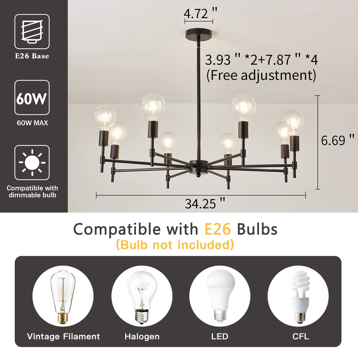 8-Light Black Sputnik Chandelier Matte Industrial Flush Mount Ceiling Light Fixture Metal Modern Pendant Light for