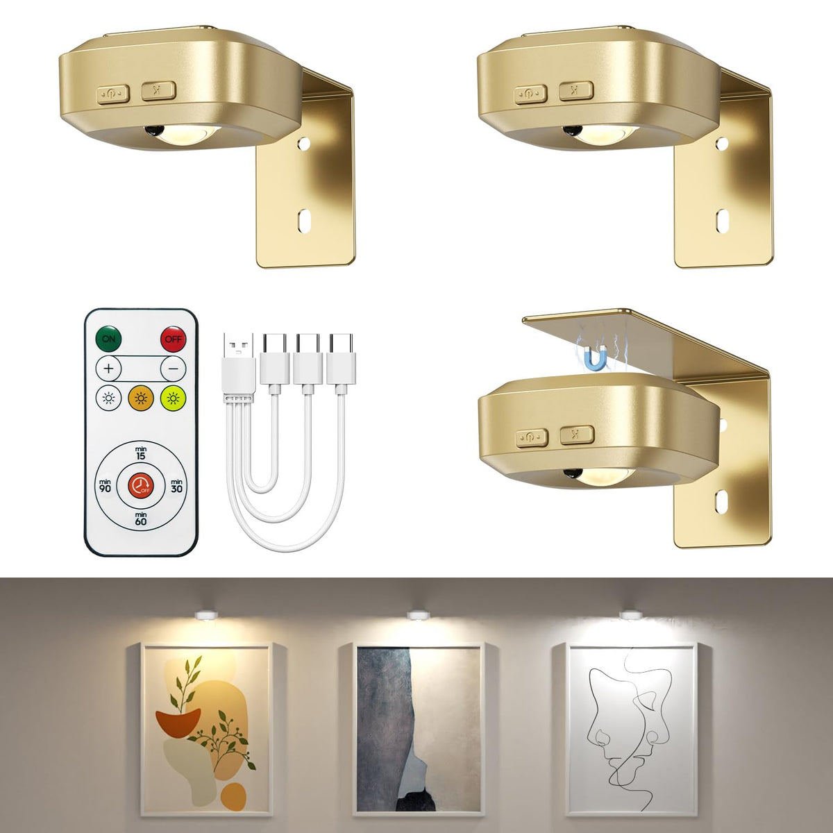Picture Lights for Wall 3 Pcs, Rechargeable Battery Operated Magnetic Wall Lights with 3 Color Temps, Remote Dimmable