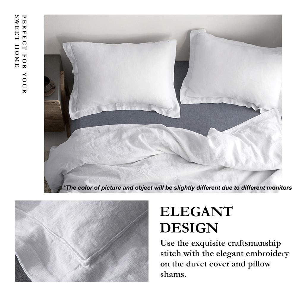 100% Linen Duvet Cover Set with Embroidery Border Washed - 3 Pieces (1 Duvet Cover with 2 Pillow Shams) with Button