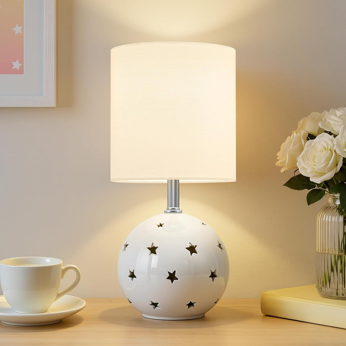 Small Table Lamp,14" White Ceramic Bedside Lamp for Girls Kids Bedroom,Dorm